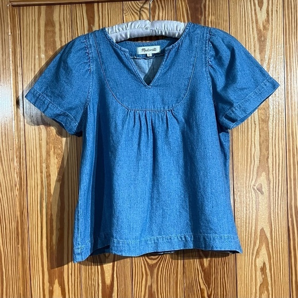 Madewell Denim and Linen Blend Popover Swing Top Short Sleeve - Picture 3 of 10